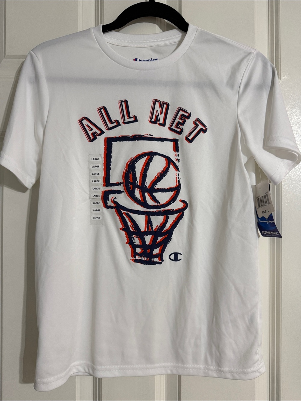 Champion White Tee with Red and Navy Basketball Graphic